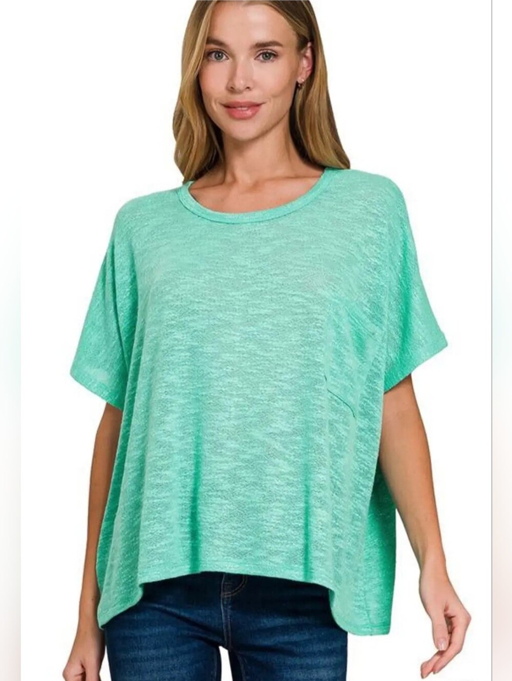 Zenana NWOT Mint Aqua Oversized Slub Knit Pocket Tee S/M Boho Casual